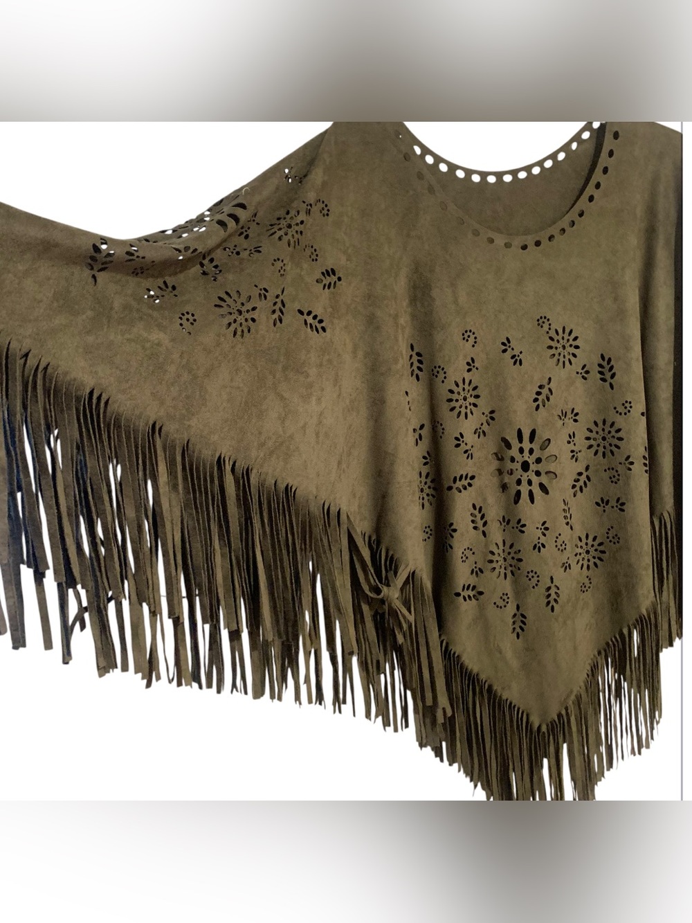 Cato Fringed Pullover Faux Suede Poncho Boho Western Laser Cut Design One Size